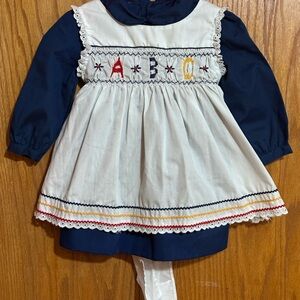 Polly Flinders vintage Navy and White girls dress with Embroidered ABC Design 3T